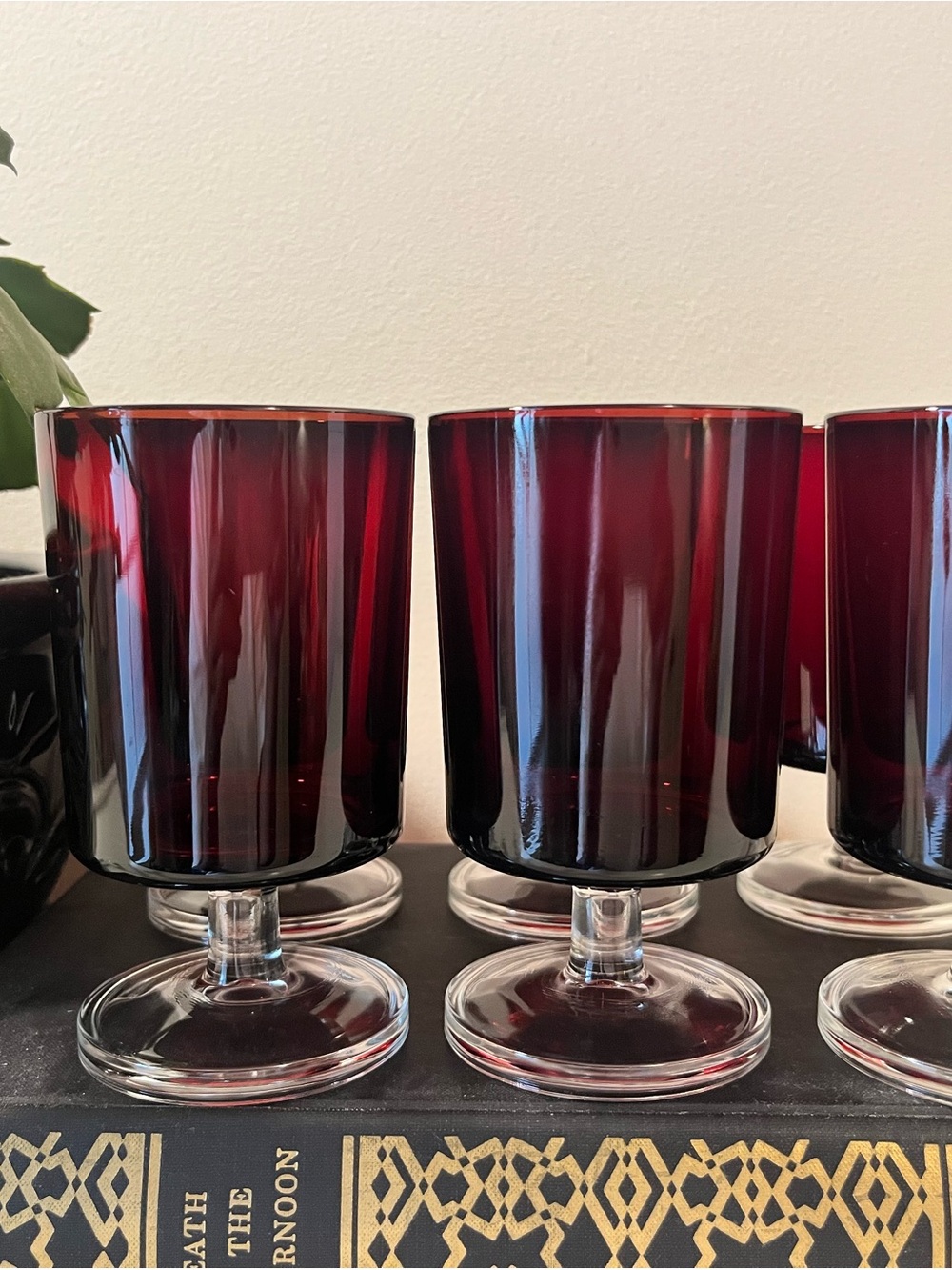 Vintage Ruby Red Arcoroc France Pedestal Goblets or Wine Glasses Holiday Barware